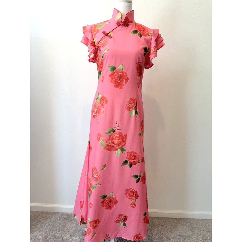 Cheongsam Style Rose Floral Print Maxi Dress Ruffle Sleeve Pink Cottagecore S